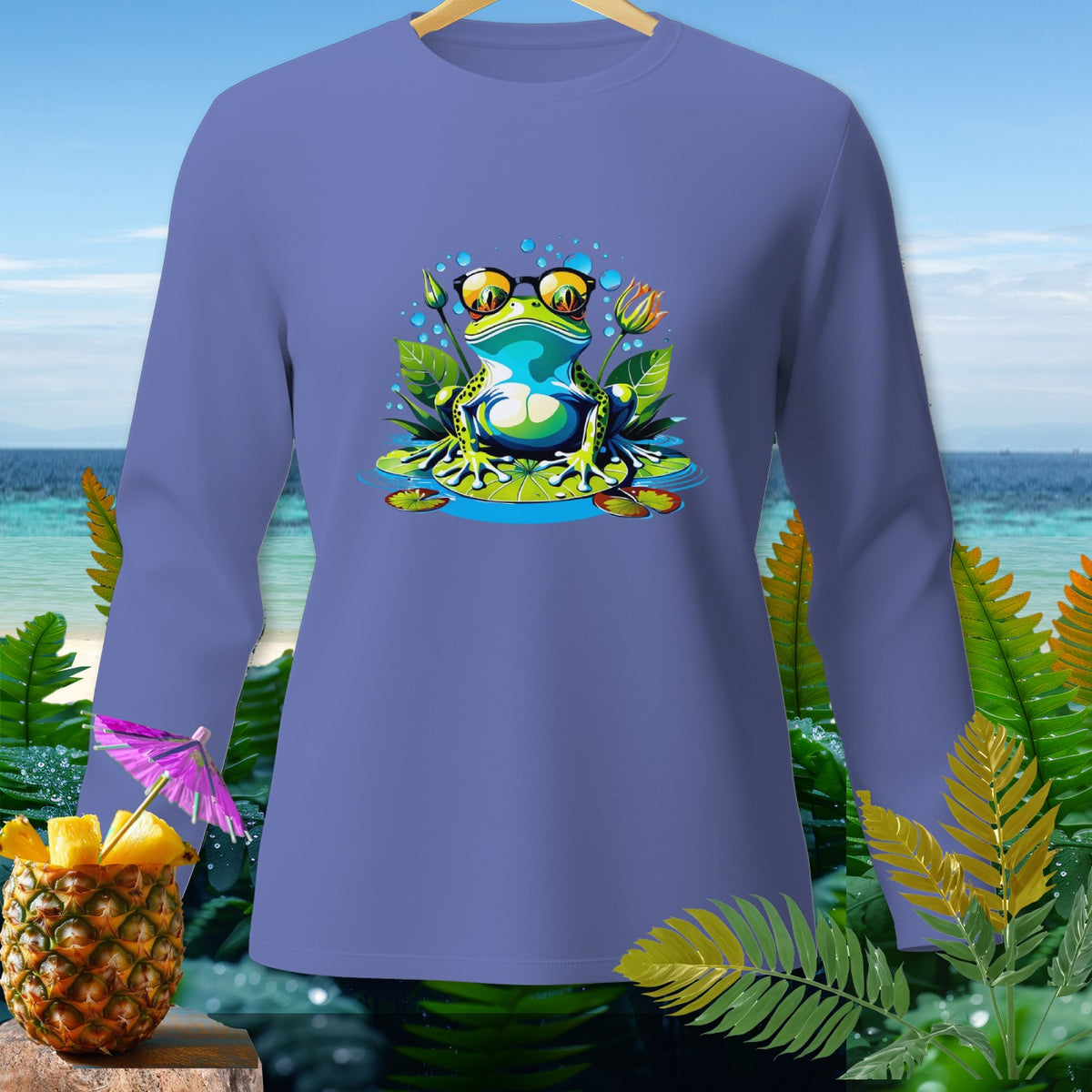 Long-sleeve purple shirt with a cartoon frog wearing sunglasses on a lily pad.