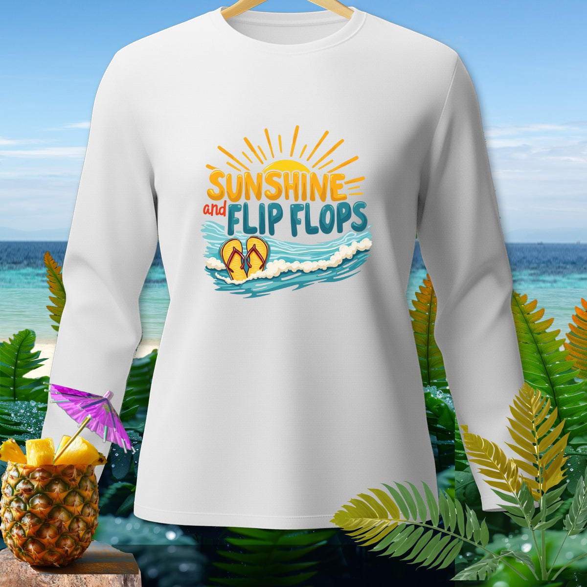 White long-sleeve shirt with "Sunshine and Flip Flops" graphic.