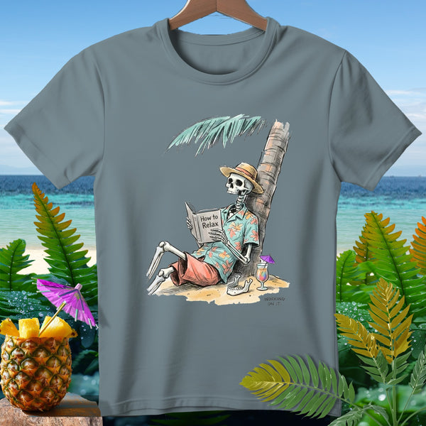 Skeleton reading "How to Relax" book under palm tree on beach with cocktail.