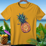 Yellow t-shirt with jack-o'-lantern pineapple Halloween graphic and bats.