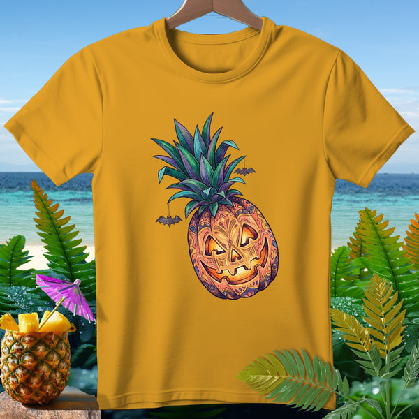 Yellow t-shirt with jack-o'-lantern pineapple Halloween graphic and bats.