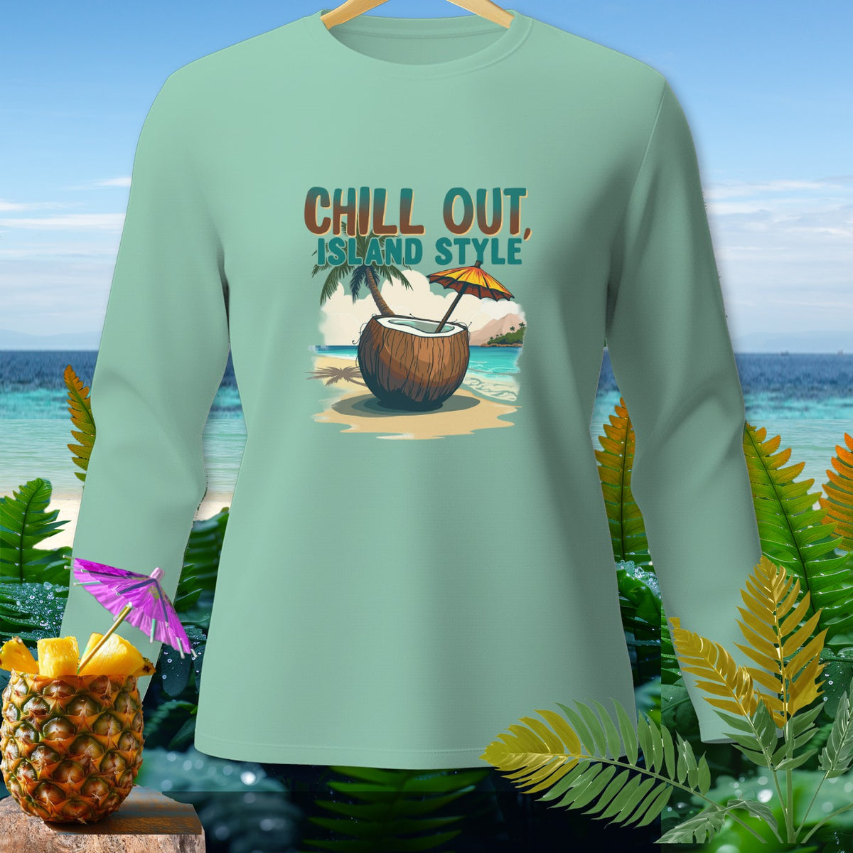 Teal long-sleeve shirt with "Chill Out Island Style" graphic and tropical beach scene.