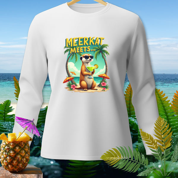 White long-sleeve shirt with a meerkat wearing sunglasses holding a drink on a beach with palm trees.