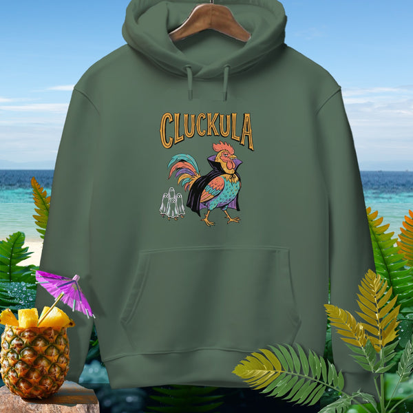 Green hoodie with a graphic of a vampire rooster and ghosts, reading "CLUCKULA".
