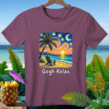 Maroon t-shirt with Van Gogh-inspired beach scene art and 