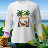 White sweatshirt with a sloth in a hammock, palm trees, and 