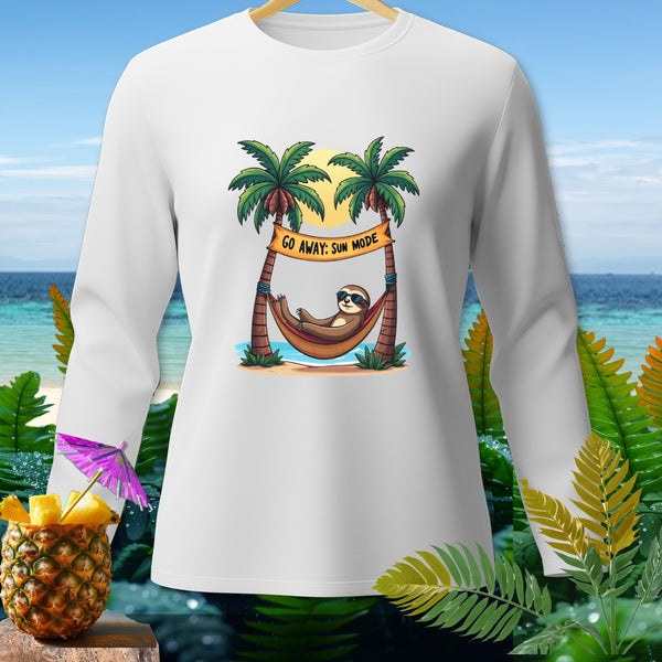 White sweatshirt with a sloth in a hammock, palm trees, and "GO AWAY: SUN MODE" text.