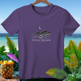 Purple t-shirt with a black and white graphic of mountains, moon, and waves, reading 