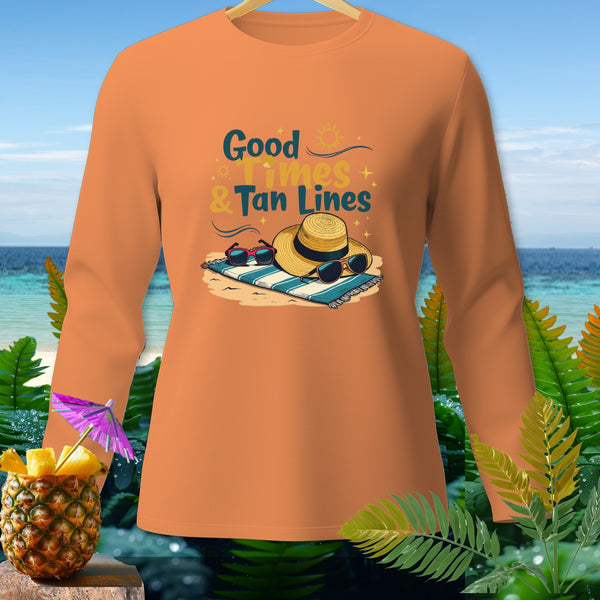 Orange long-sleeve shirt with "Good Times & Tan Lines" graphic and beach accessories.