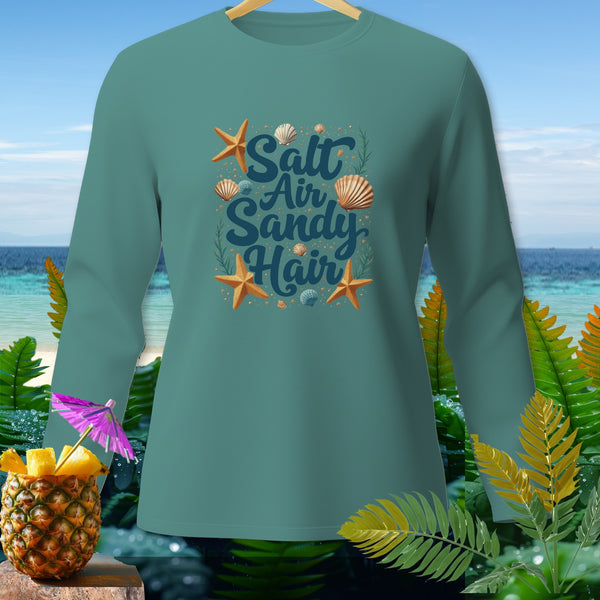 Teal long-sleeve shirt with "Salt Air Sandy Hair" text and beach motifs.