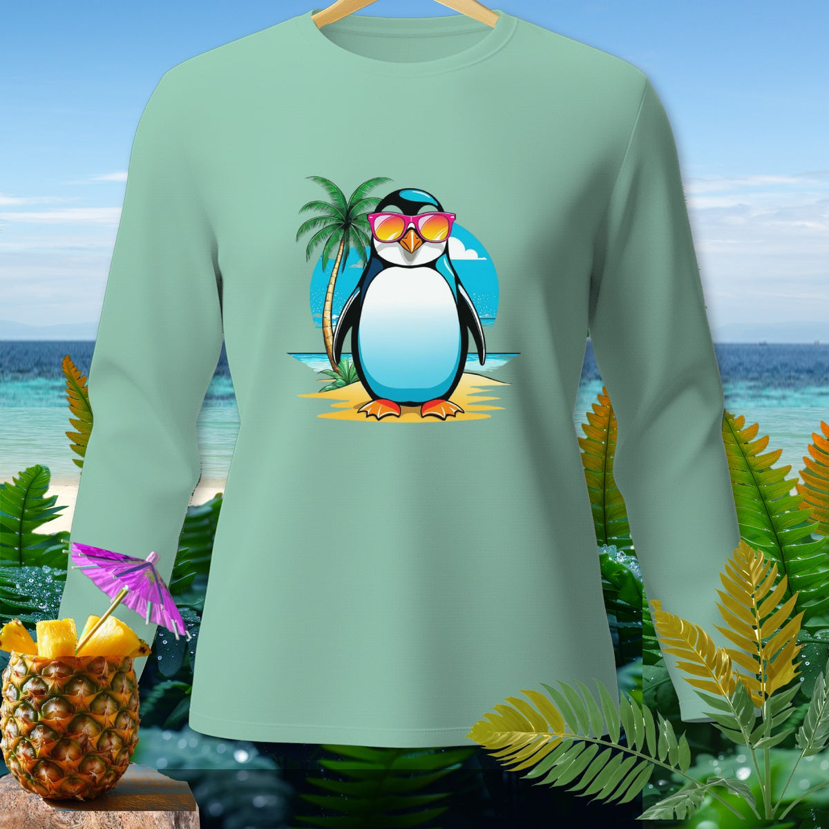 Light teal long-sleeve shirt with a graphic of a penguin wearing sunglasses on a beach.