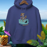 Skeleton in water with shark and pineapple drink, text 