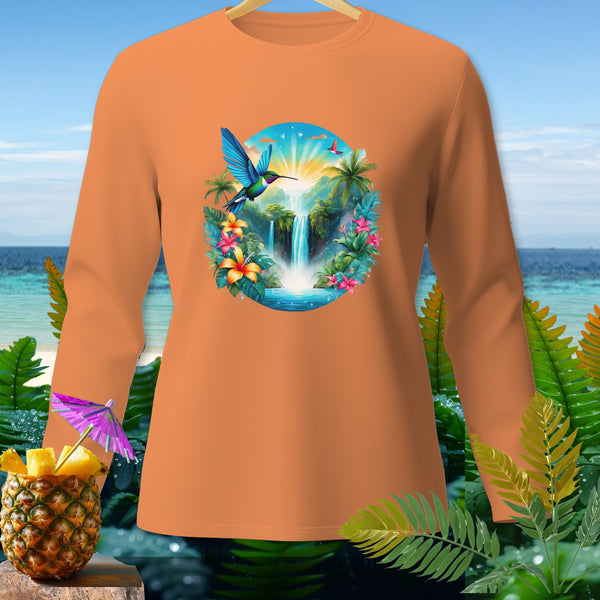 Orange long-sleeve shirt with tropical waterfall and hummingbird graphic.