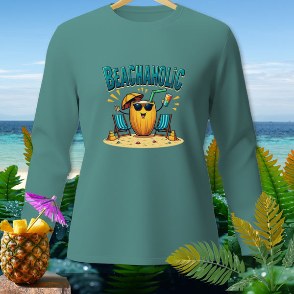 Teal long-sleeve shirt with cartoon drink and "BEACHAHOLIC" text.