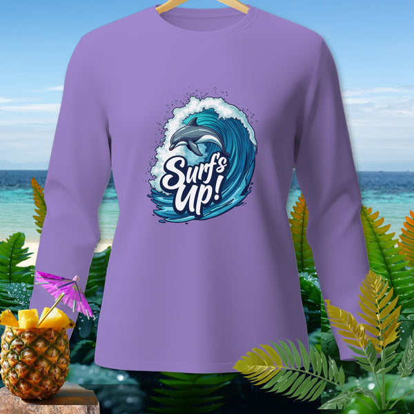 Purple long-sleeve shirt with a dolphin and wave graphic saying "Surf's Up!".