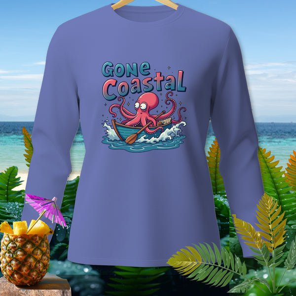 Purple long-sleeve shirt with cartoon octopus in a boat graphic and "Gone Coastal" text.