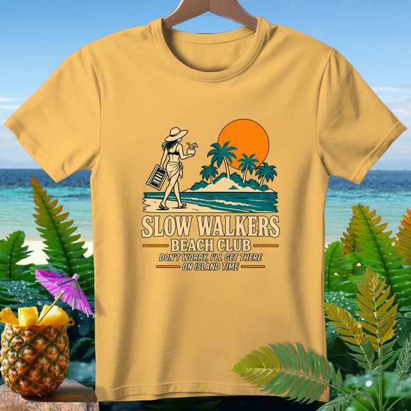 Yellow t-shirt with "Slow Walkers Beach Club" graphic and beach scene.