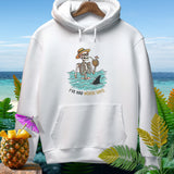 White hoodie with skeleton in water, shark fin, pineapple drink, and text 