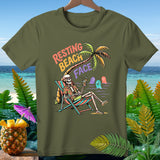 Skeleton on beach chair with text 