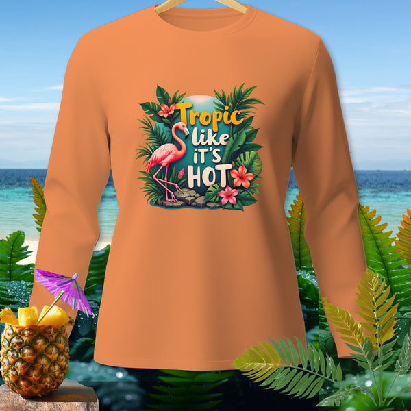 Orange long sleeve shirt with tropical graphic featuring a flamingo and text.