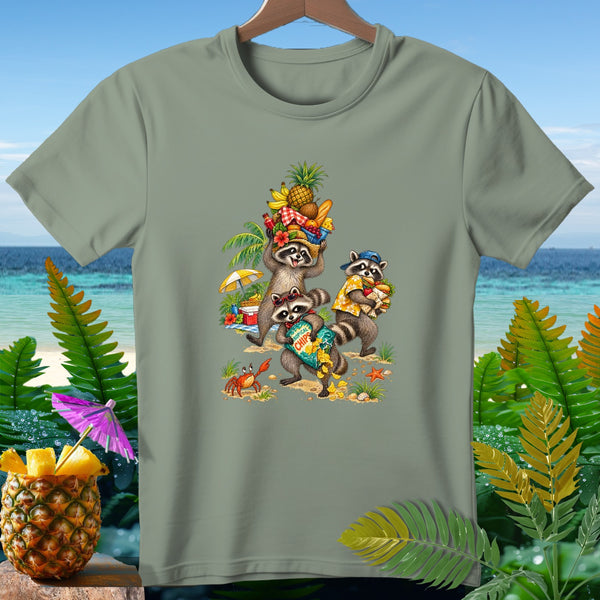Three raccoons enjoy a beach picnic with fruit, sandwiches, and chips.