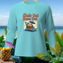 Light blue long-sleeve shirt with "Sun's Out Buns Out" text and burger graphic.