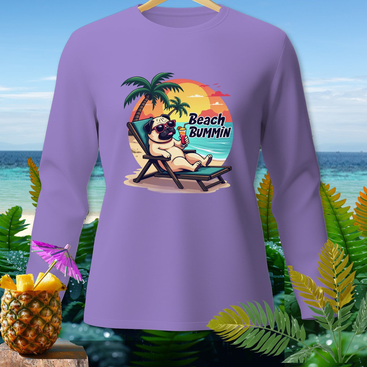 Purple long-sleeved shirt with a pug relaxing on a beach chair with "Beach Bummin" text.