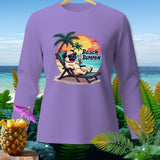 Purple long-sleeved shirt with a pug relaxing on a beach chair with 