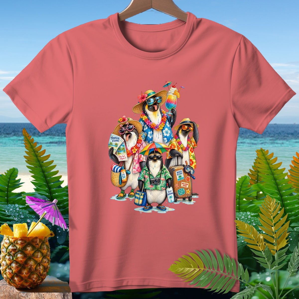 Penguins dressed for vacation with drinks, luggage, and beach accessories.