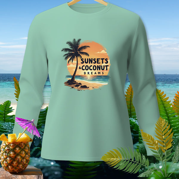 Light teal long-sleeve shirt with "Sunsets & Coconut Dreams" beach graphic.