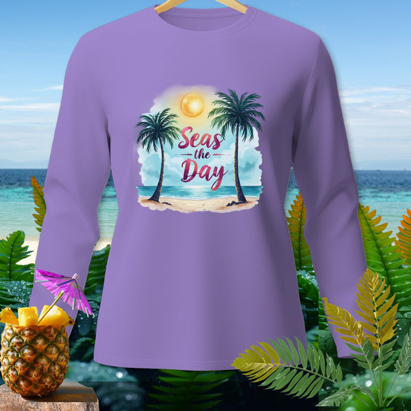Purple long-sleeve shirt with "Seas the Day" tropical beach graphic.