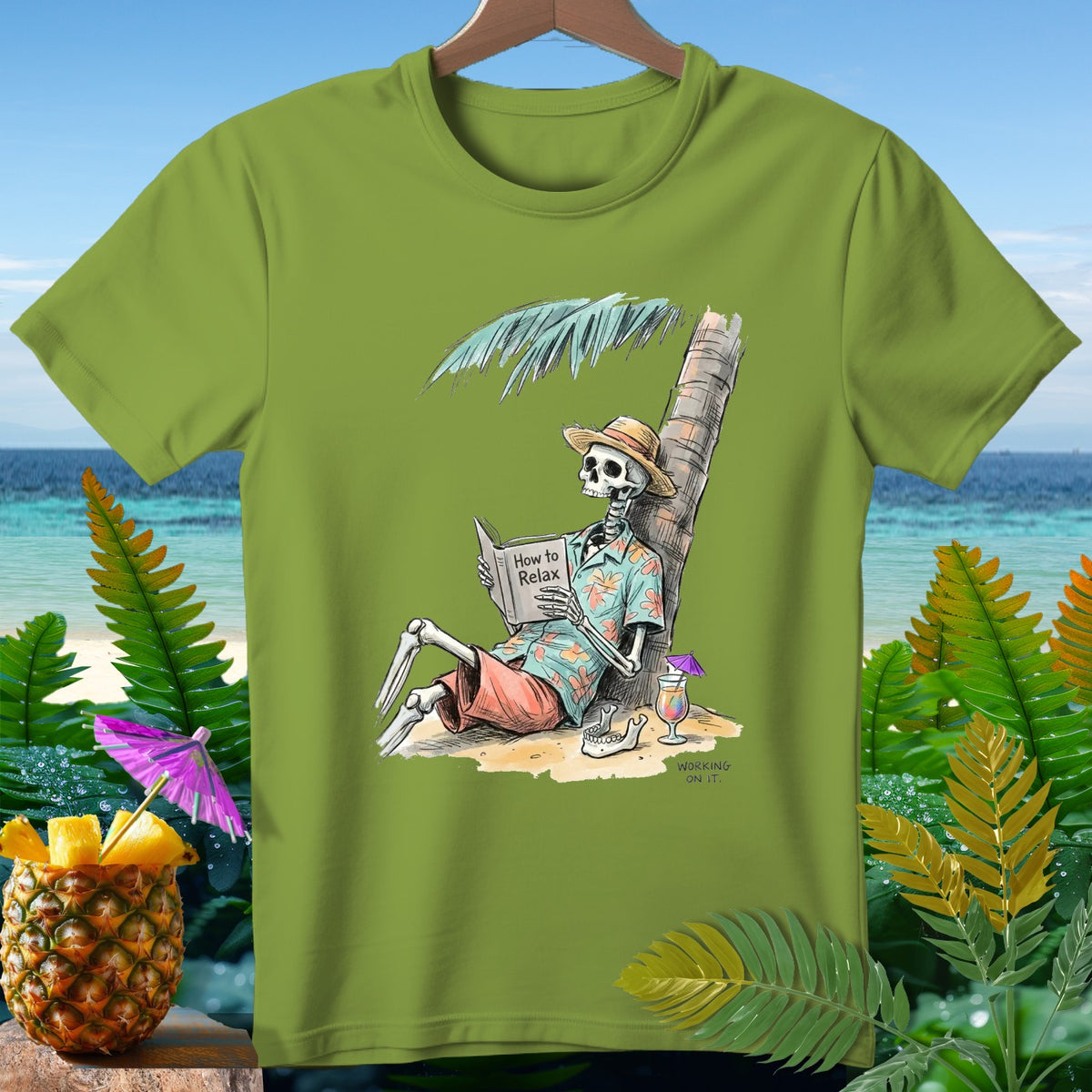 Skeleton in Hawaiian shirt reads "How to Relax" book under a palm tree.