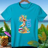 Turquoise t-shirt with a colorful cartoon bird and text 