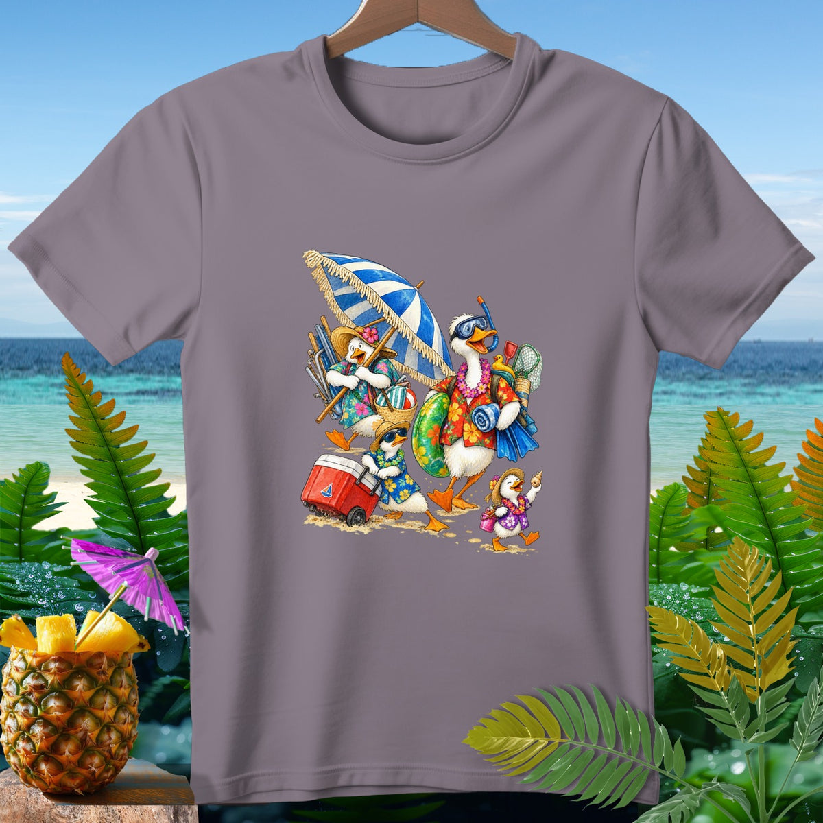 T-shirt with cartoon ducks in Hawaiian shirts at the beach with a cooler.