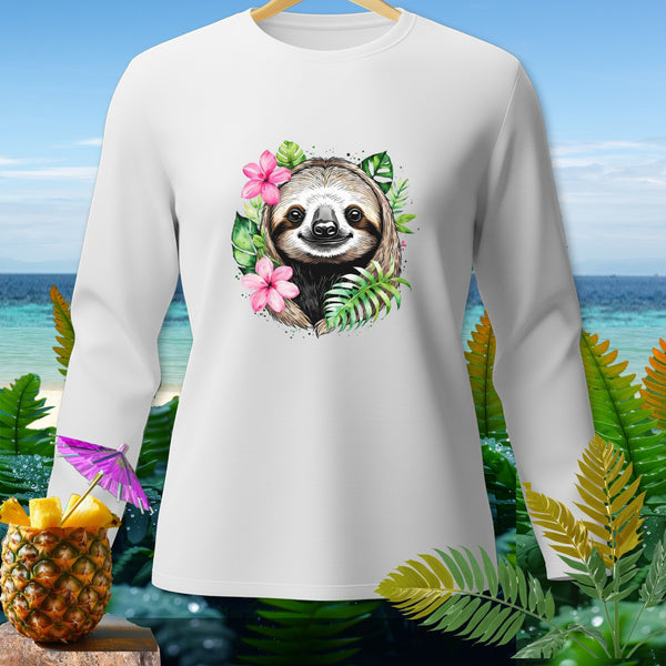 White long-sleeve shirt with a graphic of a sloth surrounded by tropical leaves and flowers.