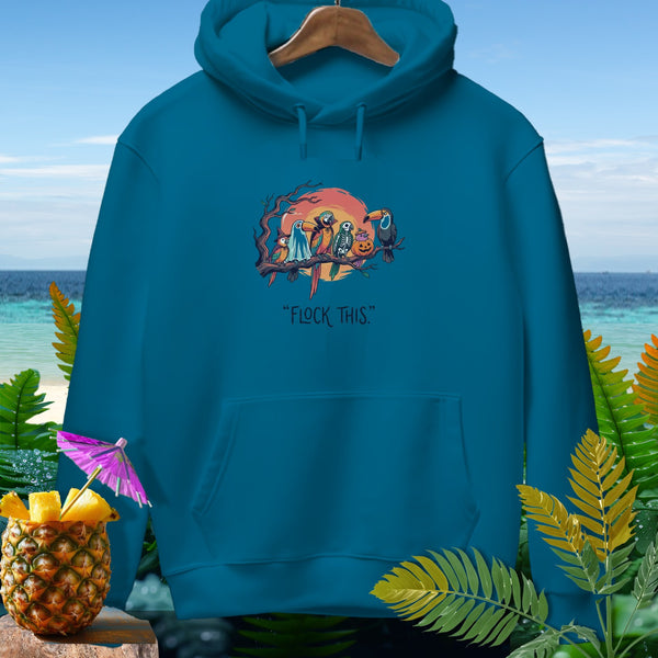 Teal hoodie with Halloween-themed birds on a branch and text "FLOCK THIS."