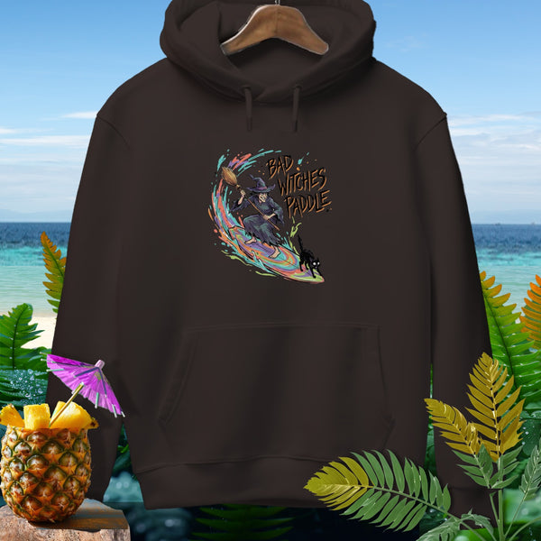 Brown hoodie with "Bad Witches Paddle" text and witch surfing with black cat.