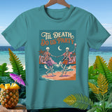 T-shirt with skeletons dancing on a beach, text 