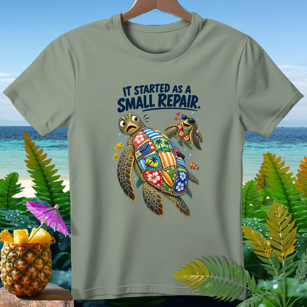 Green t-shirt with cartoon sea turtles, patchwork shell, and text "IT STARTED AS A SMALL REPAIR."