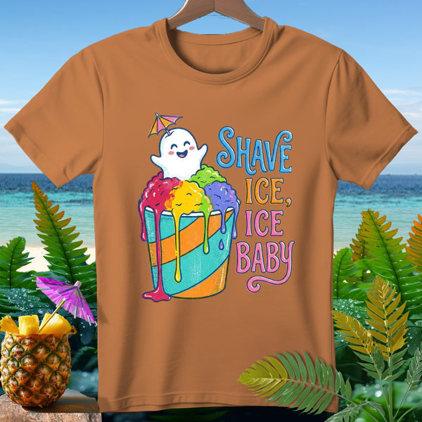 Brown t-shirt with cartoon ghost over rainbow shave ice, text says "Shave Ice, Ice Baby".