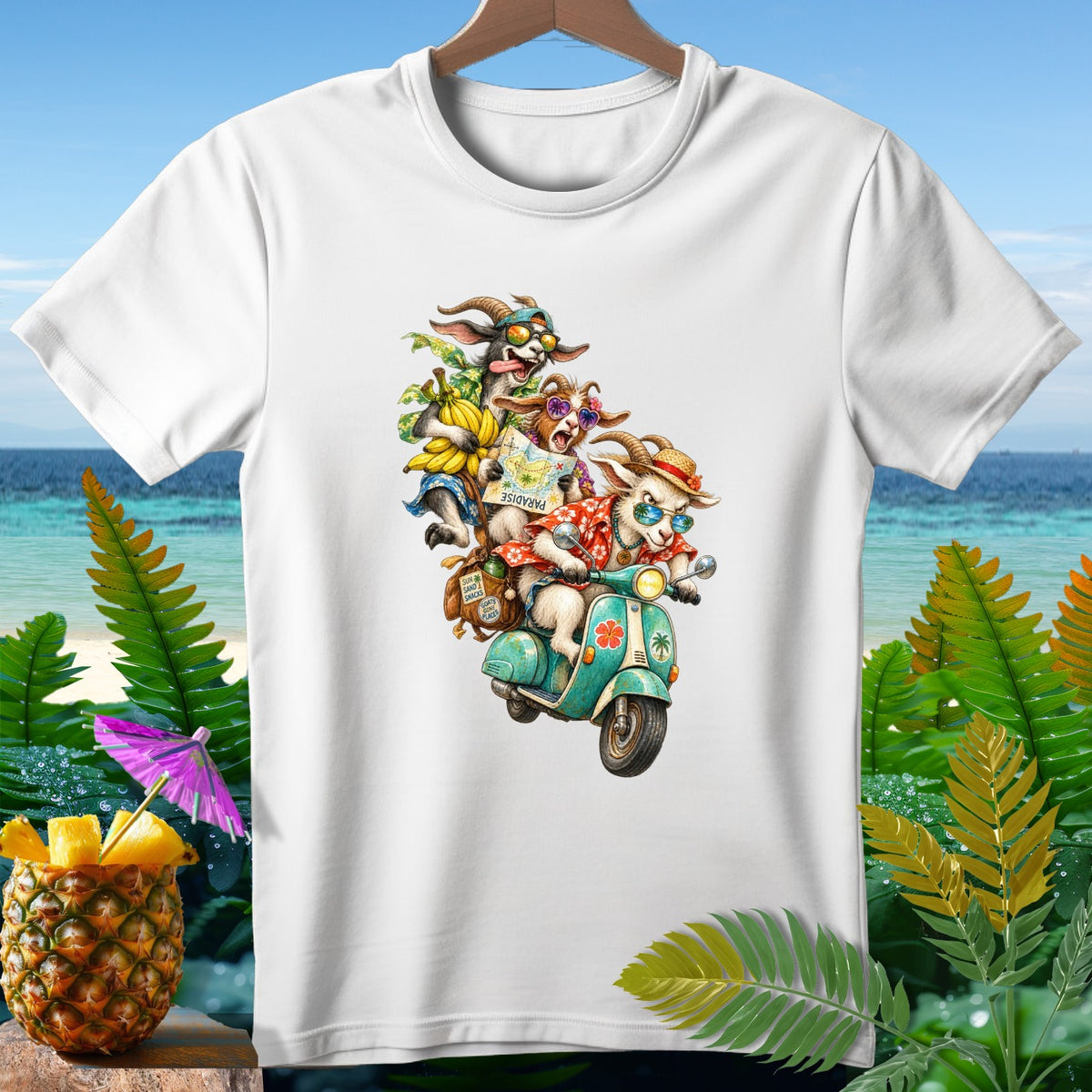 Three goats ride a scooter on a tropical beach with a pineapple drink.