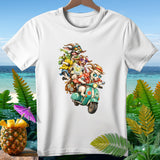 Three goats ride a scooter on a tropical beach with a pineapple drink.