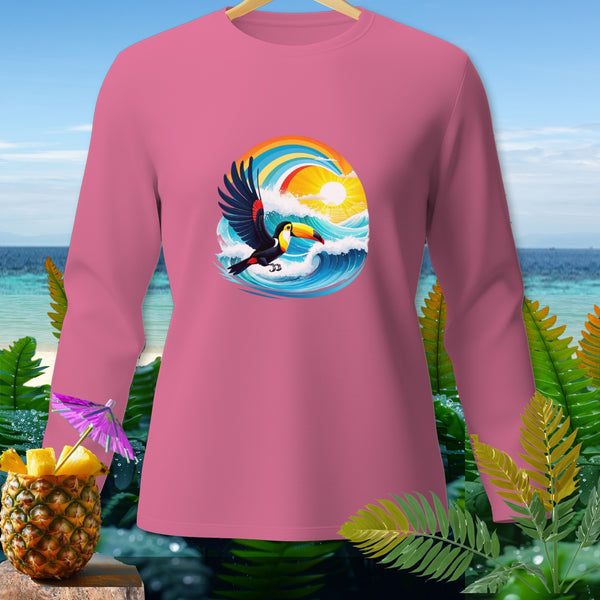 Pink long-sleeve shirt with a toucan and ocean wave graphic.