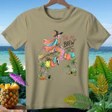 Witch on broom with shopping bags, 