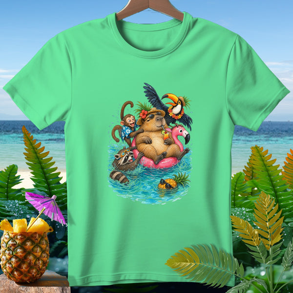 Capybara, raccoon, monkey, and toucan relax on a flamingo float in water.