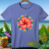 Lavender t-shirt with a central floral and seashell design.