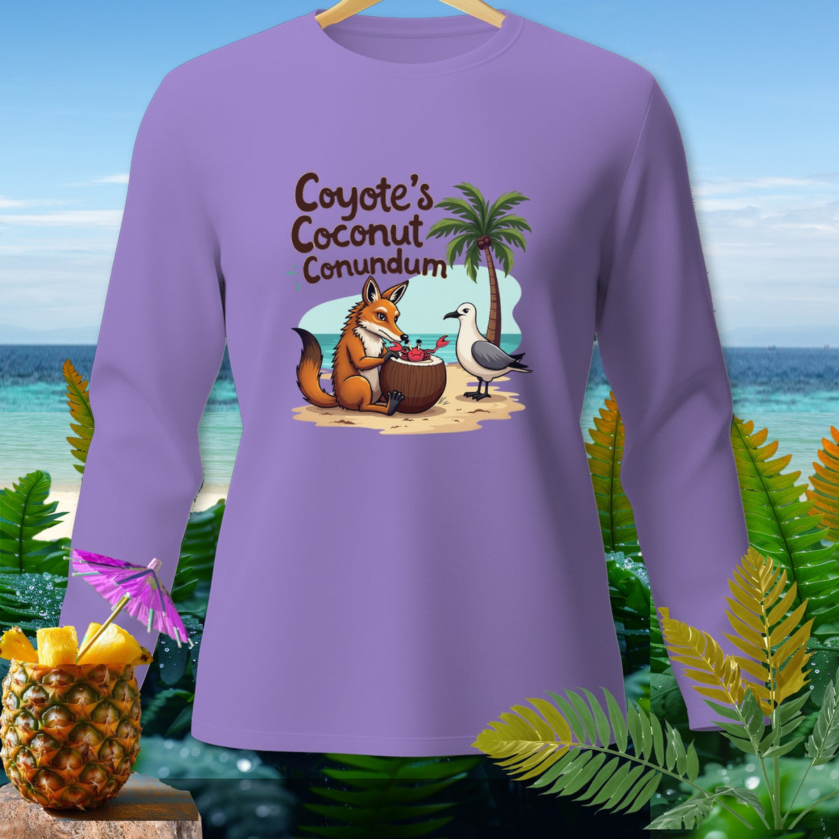 Purple long-sleeve shirt with "Coyote's Coconut Conundrum" text and cartoon fox.