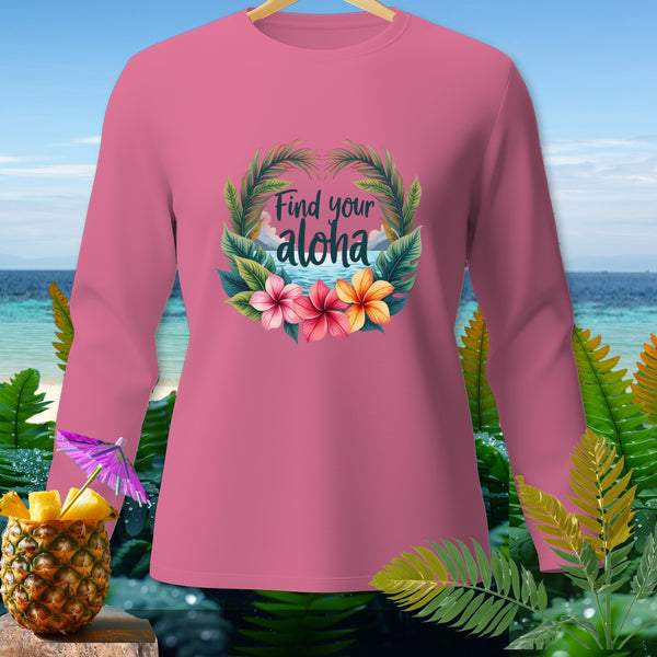 Pink long-sleeve shirt with "Find your aloha" text and floral design.