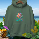 Olive green hoodie with a colorful volcano and tropical floral graphic.