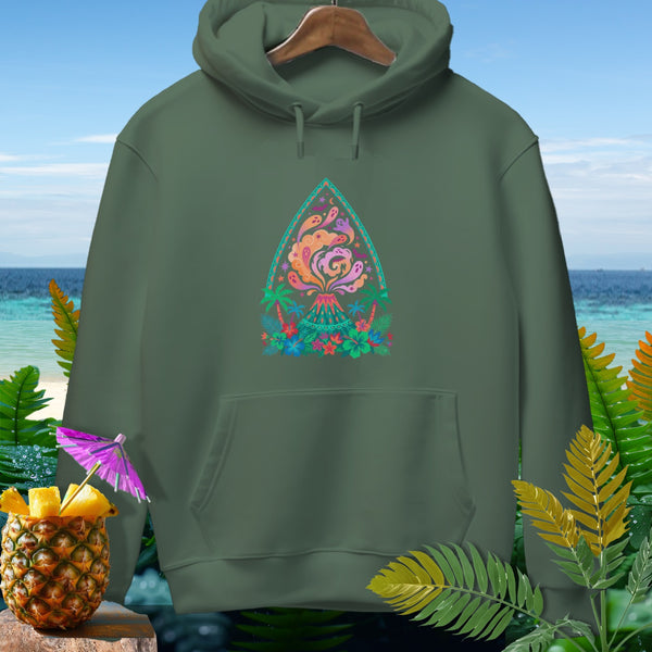 Olive green hoodie with a colorful volcano and tropical floral graphic.